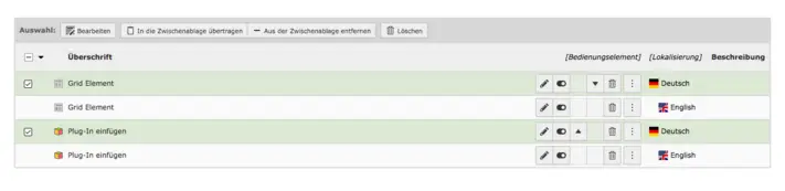 TYPO3 Modul Liste – Optionen für auswählte Datensätze