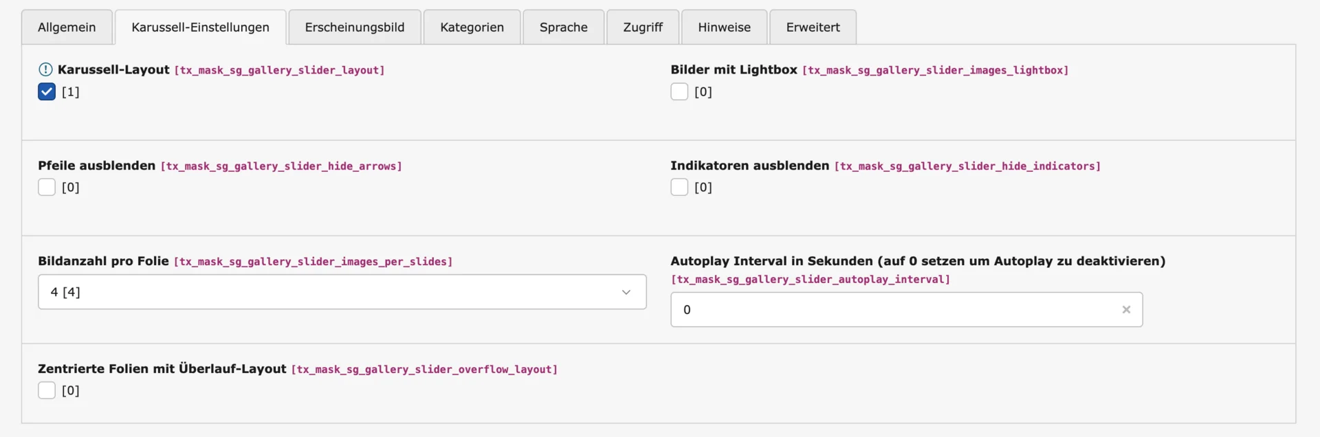 TYPO3 Image Gallery Tab Karrussel-Einstellungen