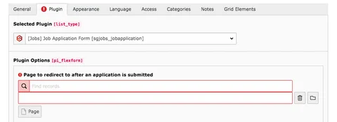 TYPO3 Content Element Plugins Job Application Form Backend Tab Plugin Warning