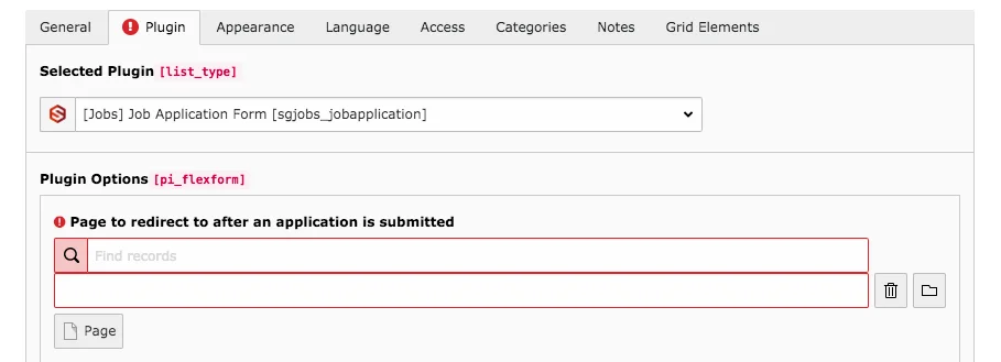 TYPO3 Content Element Plugins Job Application Form Backend Tab Plugin Warning