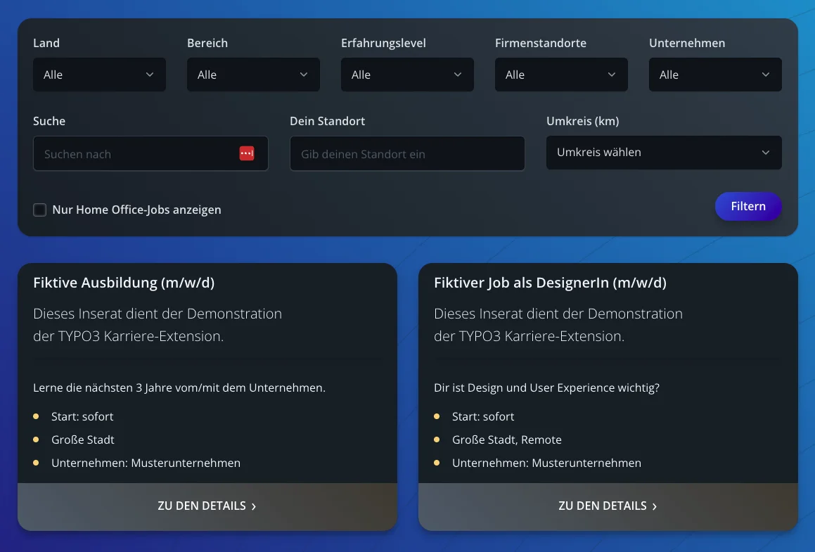 Jobportal mit Filtern und zwei fiktiven Stellenanzeigen für TYPO3-Karriere.