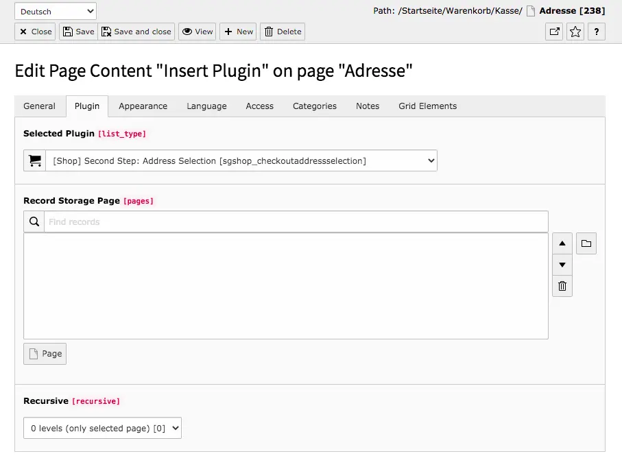 TYPO3 Content Element Shop Second Step Address selection Tab Plugin