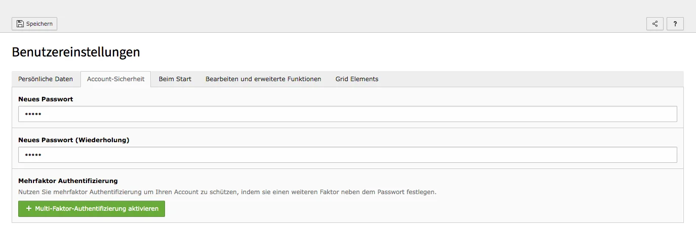 TYPO3 Benutzereinstellungen Reiter Passwort