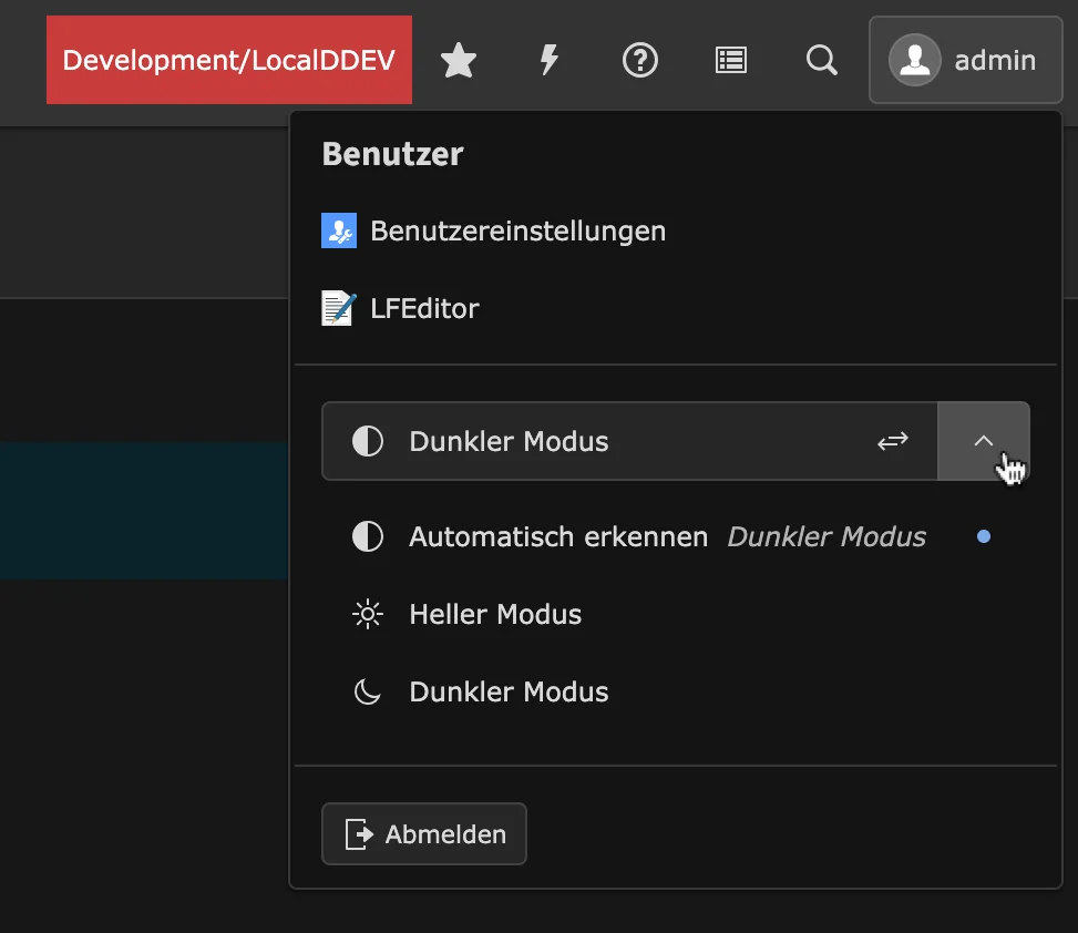 TYPO3 Benutzereinstellungen Dark Mode
