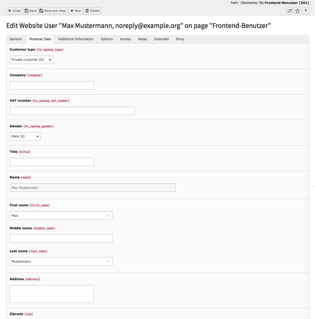 TYPO3 Module Frontend Users Tab Personal Data