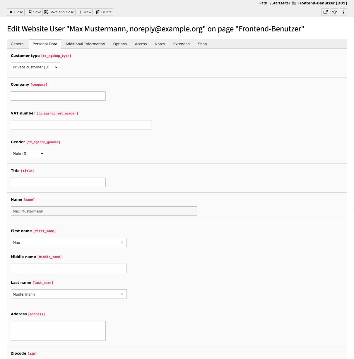 TYPO3 Module Frontend Users Tab Personal Data