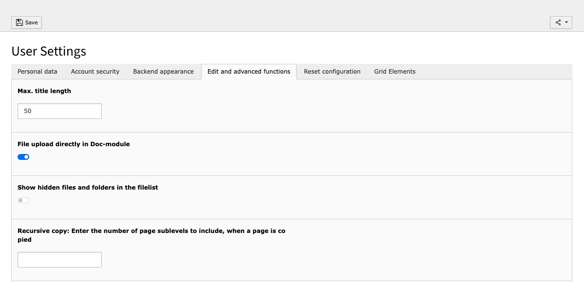 TYPO3 User Settings Tab Edit and advanced functions