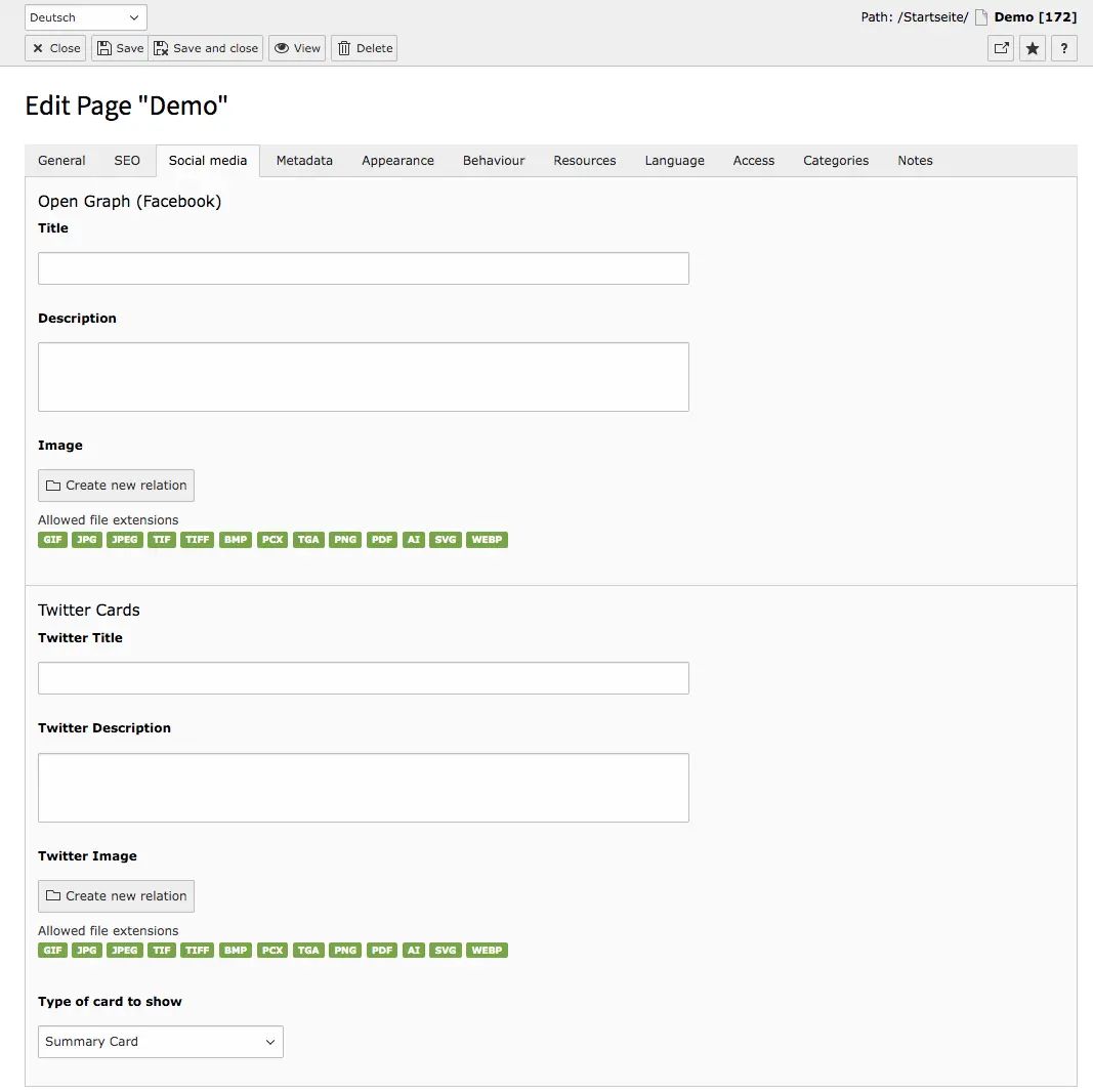 TYPO3 Edit Page Properties Tab Social Media