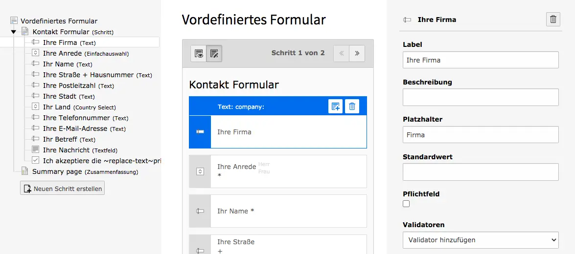 TYPO3 Modul Formulare Formular-Element bearbeiten