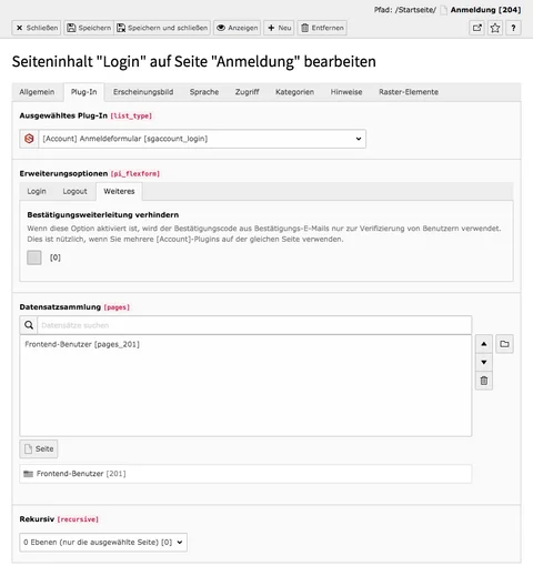 TYPO3 Account Inhaltselement Anmeldeformular Backend Reiter Plug-In