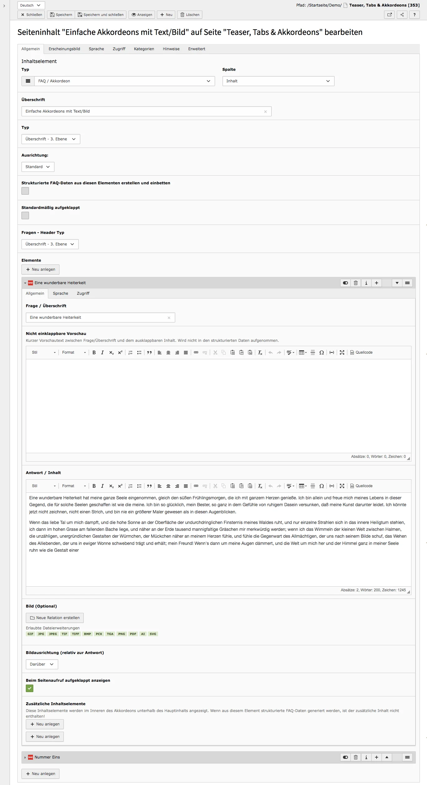 TYPO3 Inhaltselement FAQ Akkordeon Backend Reiter Allgemein