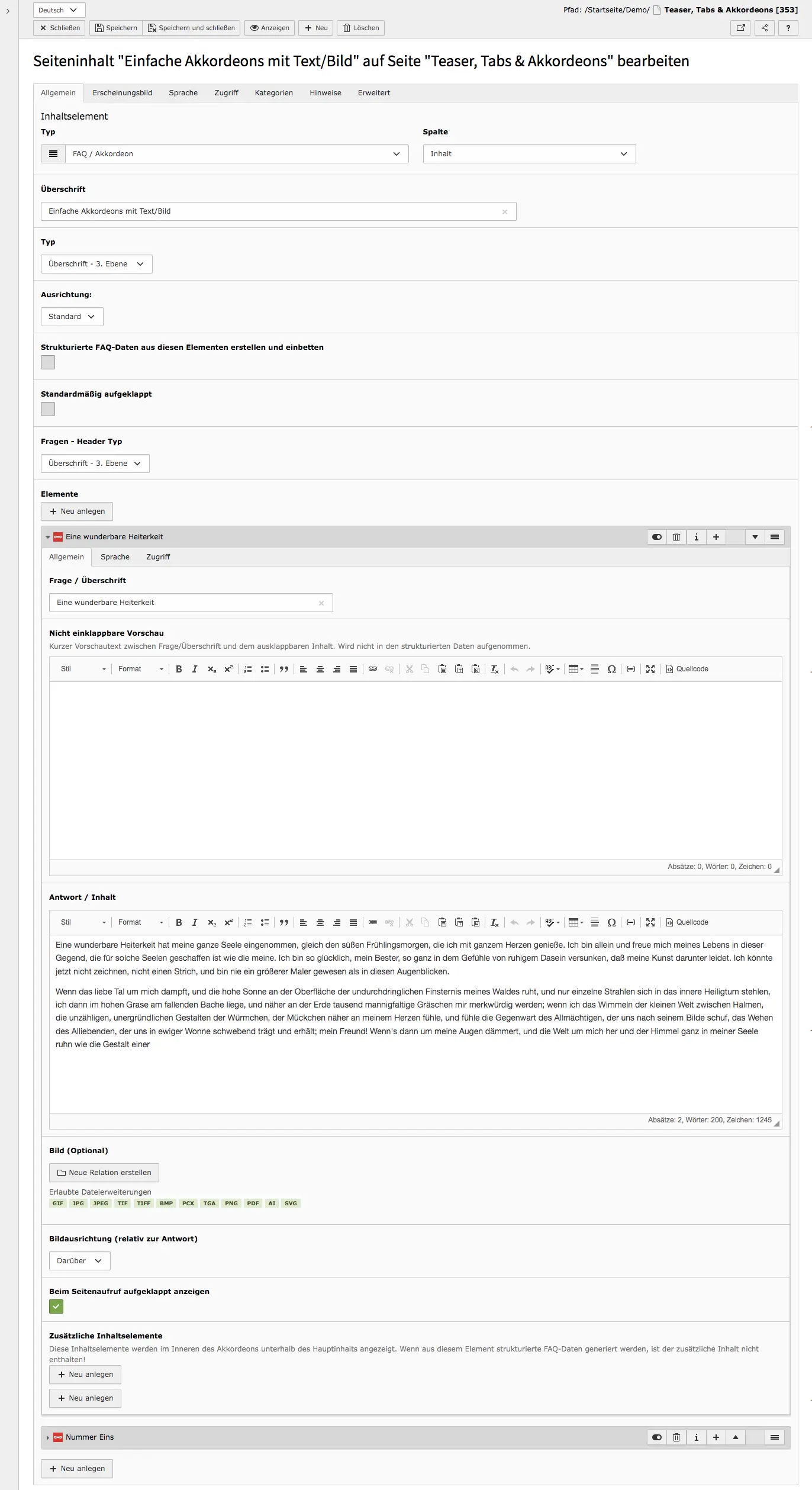 TYPO3 Inhaltselement FAQ Akkordeon Backend Reiter Allgemein
