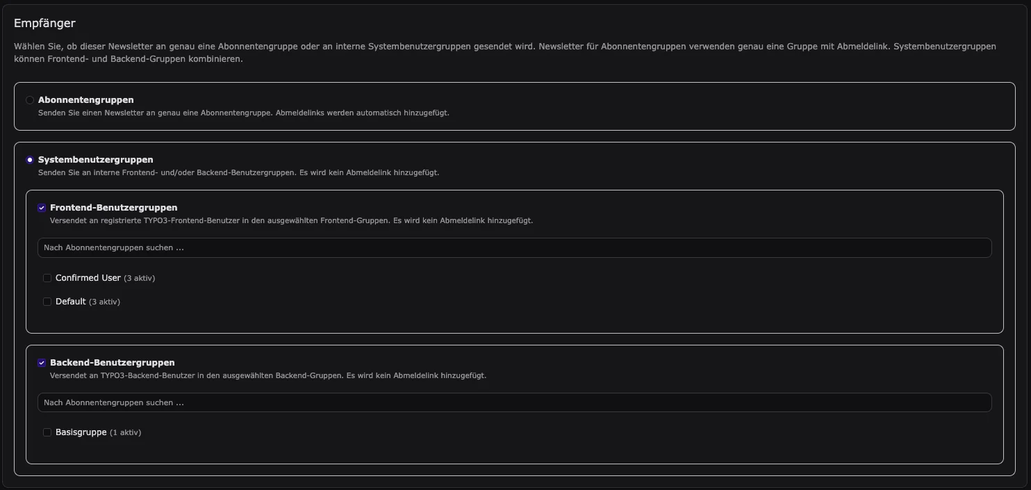 TYPO3-Empfängereinstellungen mit ausgewählten Systembenutzergruppen (Frontend/Backend)