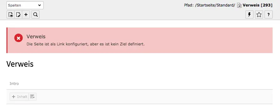 TYPO3 Verweis Seite Hinweis kein definiertes Ziel