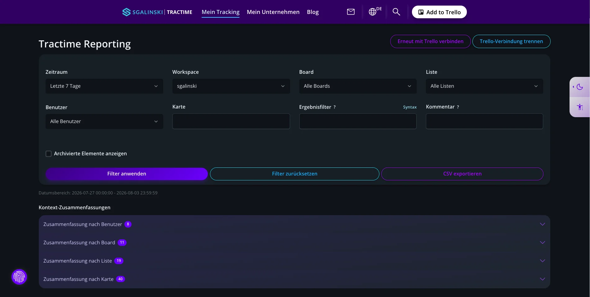 Tractime Reporting-Dashboard mit Filteroptionen für Zeitraum, Workspace und CSV-Export.