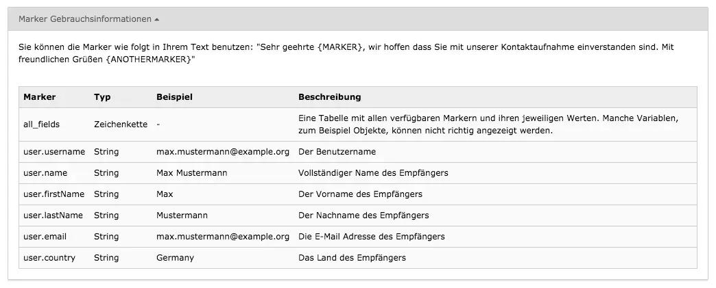 TYPO3 Modul Mail-Templates Template-Marker Gebrauchsinformationen