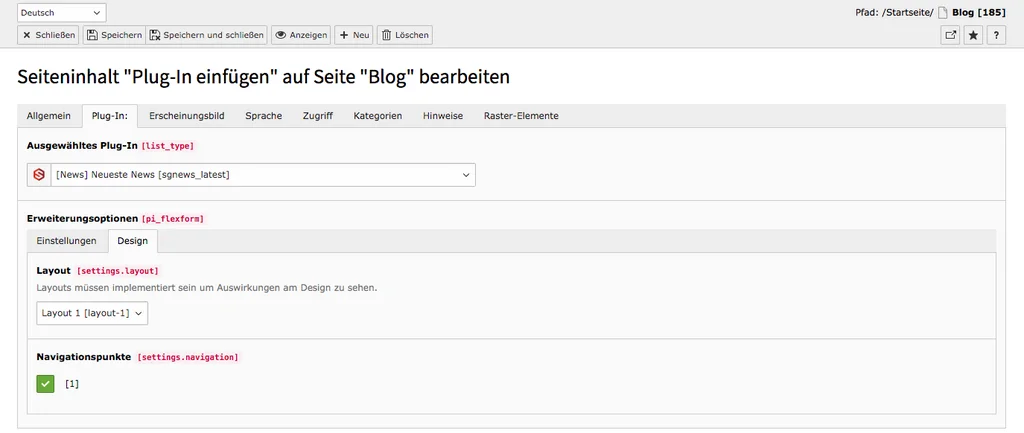 TYPO3 Inhaltselement Neueste News Backend Reiter Plug-In Unterreiter Design