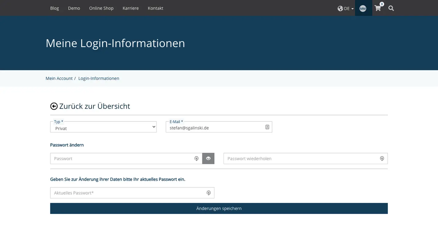 TYPO3 Inhaltselement Account bearbeiten Login-Informationen Frontend