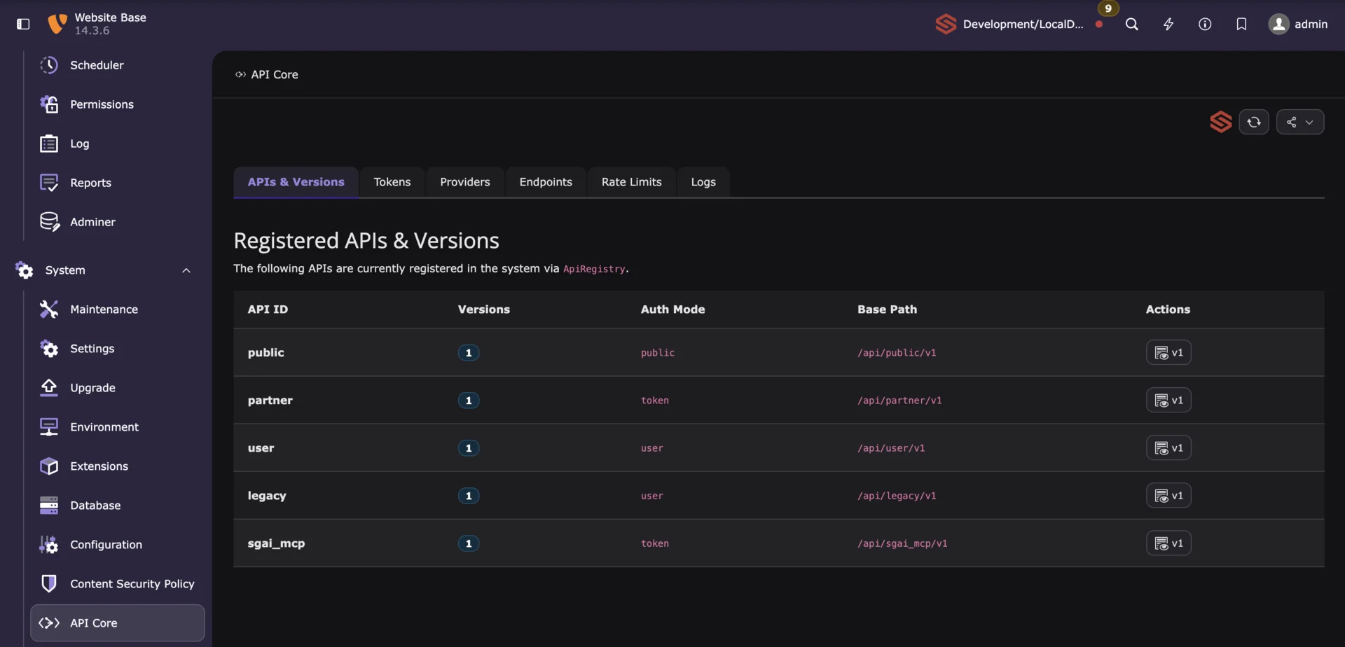 Dashboard mit Tabelle registrierter APIs: public, partner, user, legacy, sgai_mcp.