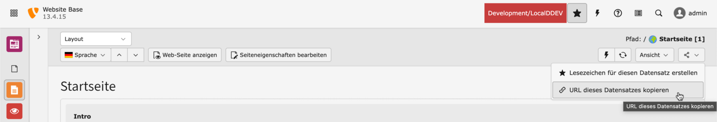 TYPO3 Seitenmodul Optionen über dem Inhaltsbereich