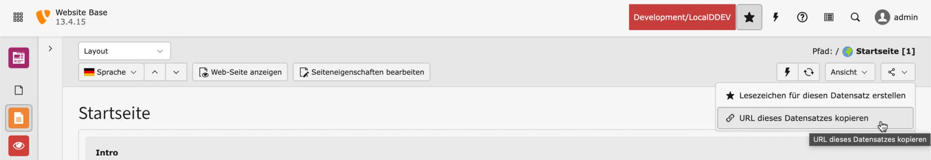 TYPO3 page module options above the content area