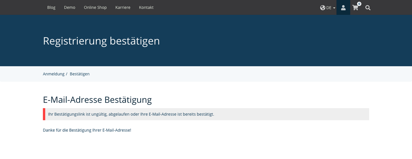 TYPO3 Account Inhaltselemente Bestätigung der E-Mail-Adresse Frontend