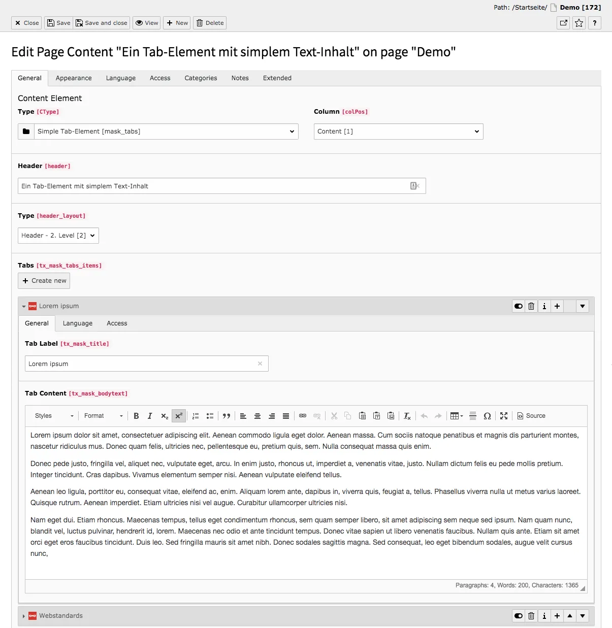 TYPO3 Content Element Mask Elements Simple Tab-Element Backend Tab General