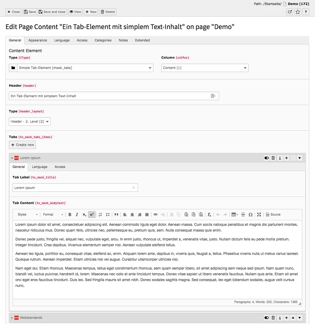 TYPO3 Content Element Mask Elements Simple Tab-Element Backend Tab General
