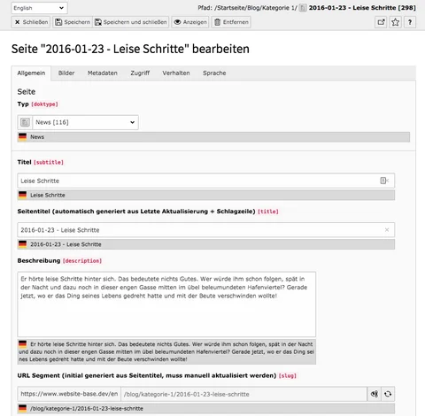 TYPO3 Seiteneigenschaften übersetzte Seite