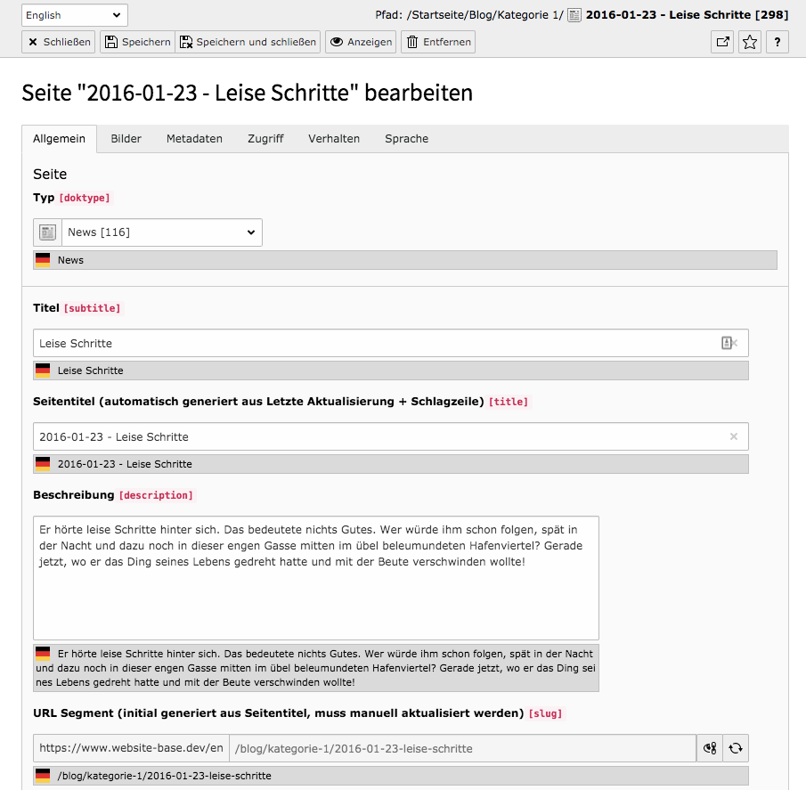 TYPO3 Seiteneigenschaften übersetzte Seite