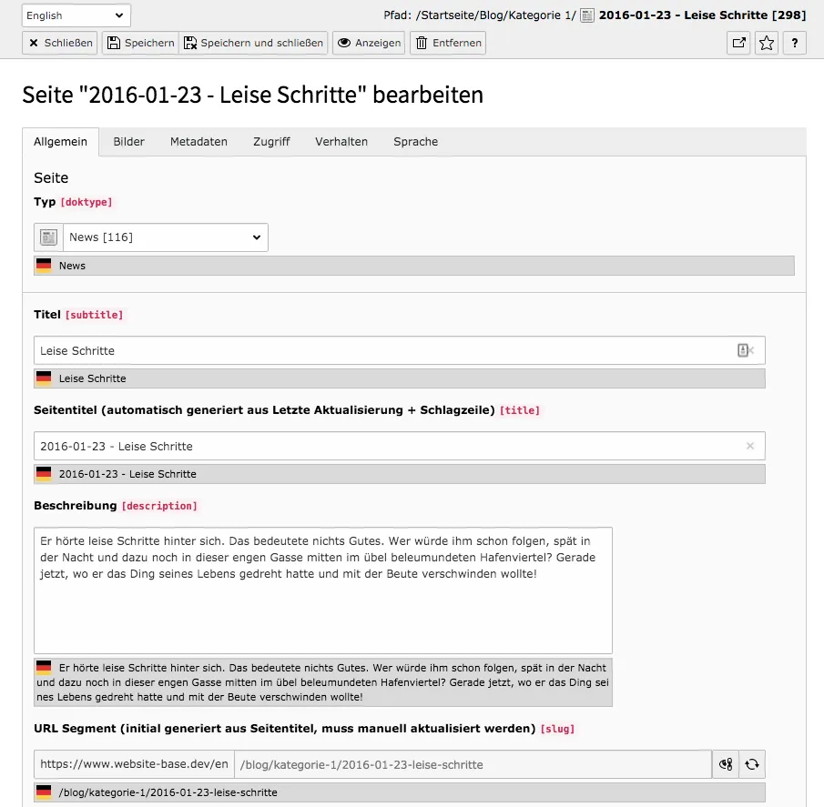 TYPO3 Seiteneigenschaften übersetzte Seite