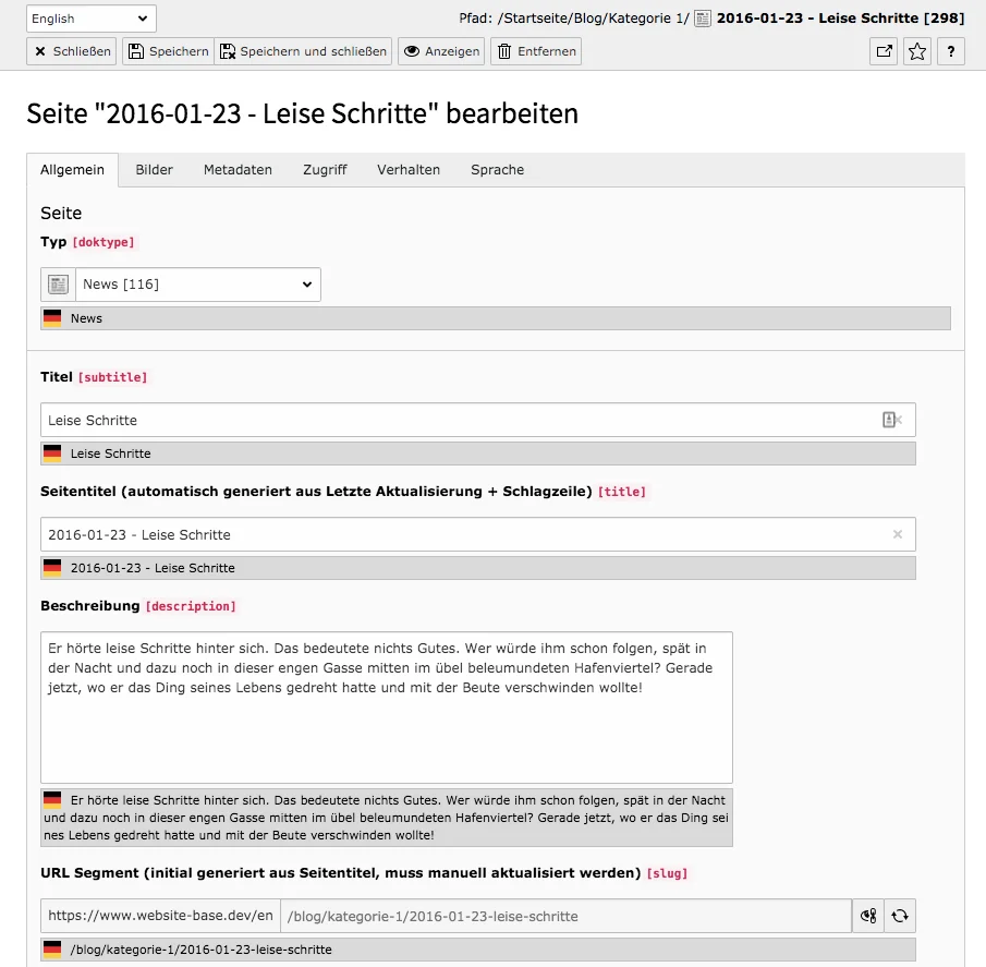 TYPO3 Seiteneigenschaften übersetzte Seite