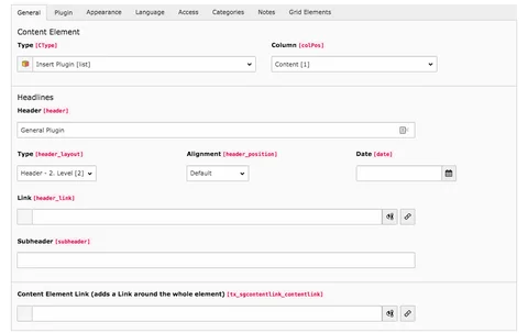 TYPO3 Content Element Plugin Backend Tab General