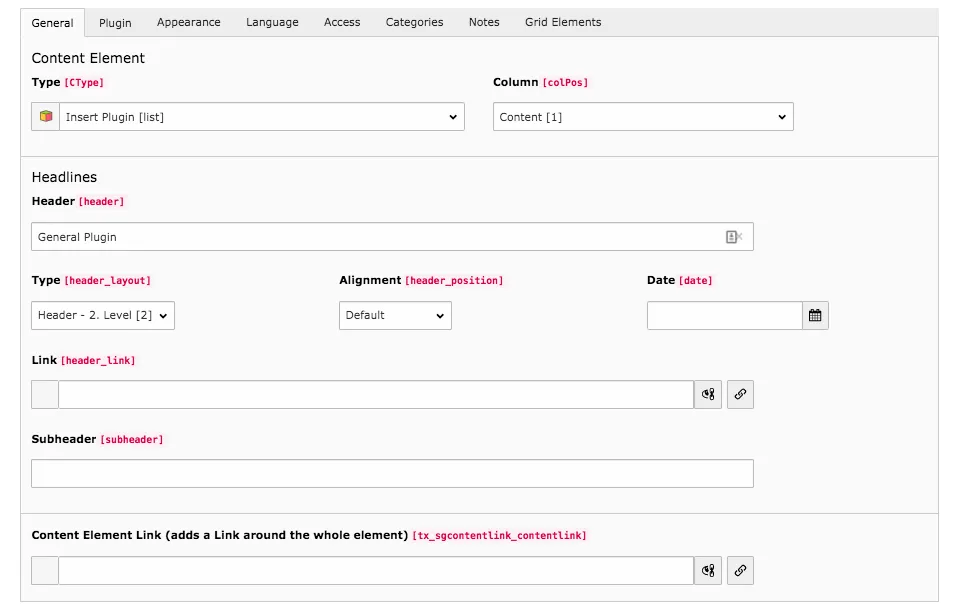 TYPO3 Content Element Plugin Backend Tab General