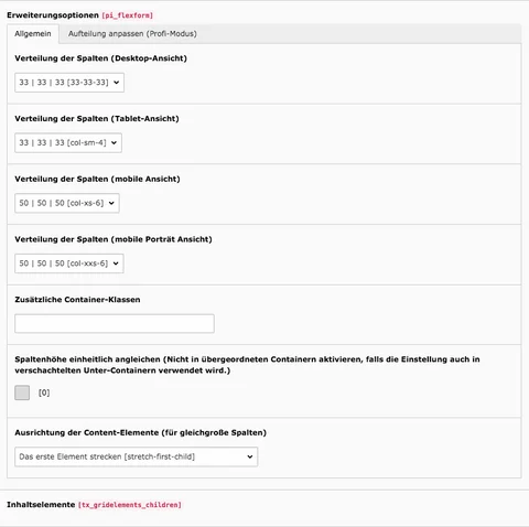 TYPO3 Inhaltselement Raster-Elemente 3-Spalter Verteilung der Spalten