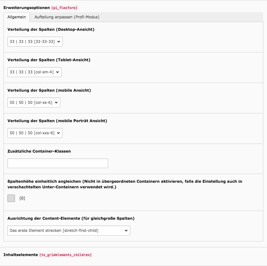TYPO3 Inhaltselement Raster-Elemente 3-Spalter Verteilung der Spalten