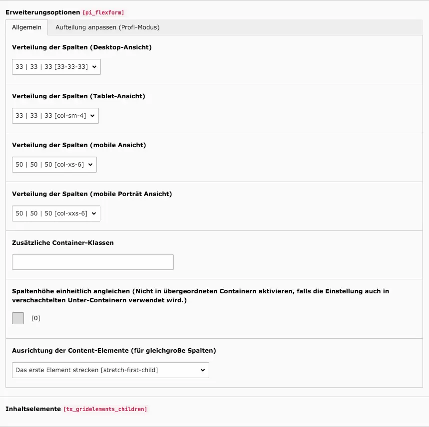 TYPO3 Inhaltselement Raster-Elemente 3-Spalter Verteilung der Spalten