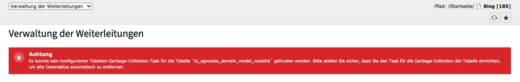 TYPO3 Modul Weiterleitungen Hinweis