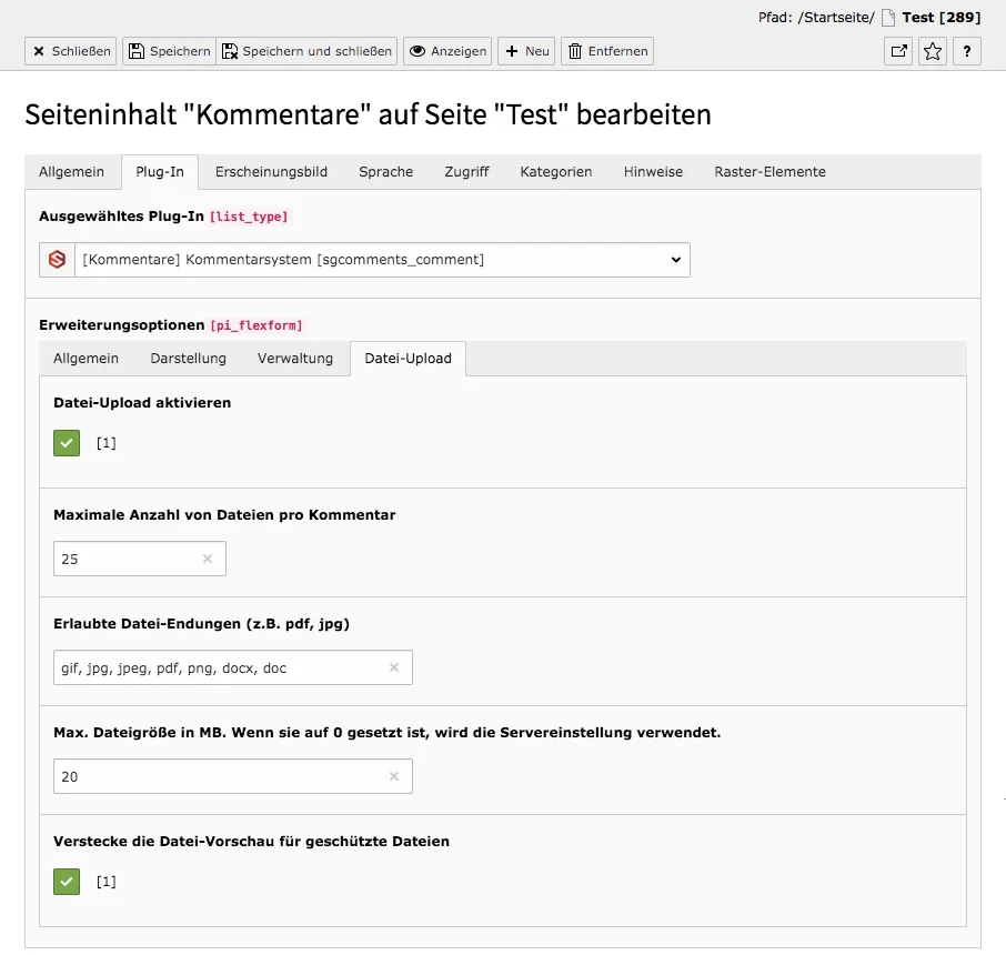 TYPO3 Plugin Reiter Plugin Unterreiter Datei-Upload