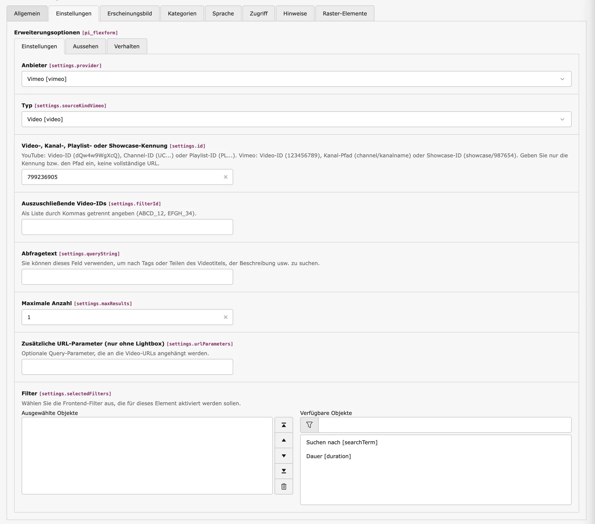 TYPO3 Video-Inhaltselement Backend Reiter Einstellungen (Vimeo)
