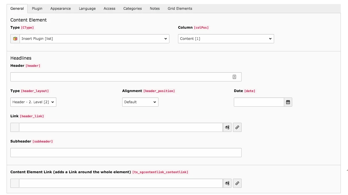 TYPO3 Content Element News Elements Backend Tab General