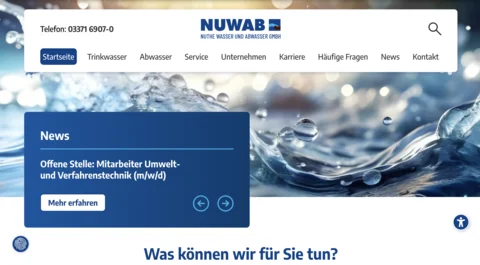 NUWAB water company website homepage with news box announcing open environmental engineering job position.