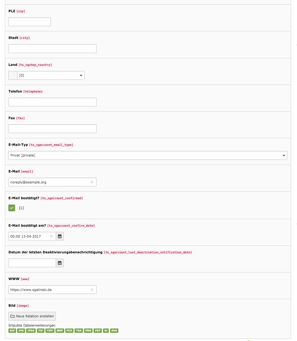 TYPO3 Modul Frontend-Benutzer bearbeiten Reiter Persönliche Daten