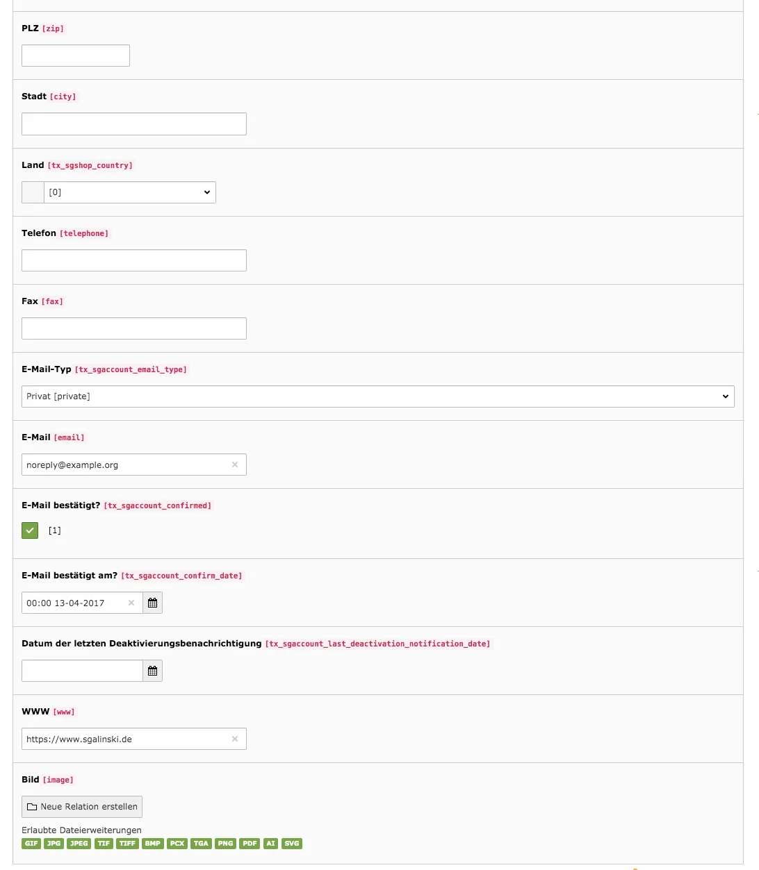 TYPO3 Modul Frontend-Benutzer bearbeiten Reiter Persönliche Daten