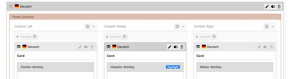 TYPO3 Backend Content Area Grid Element Three Columns with Content Elements