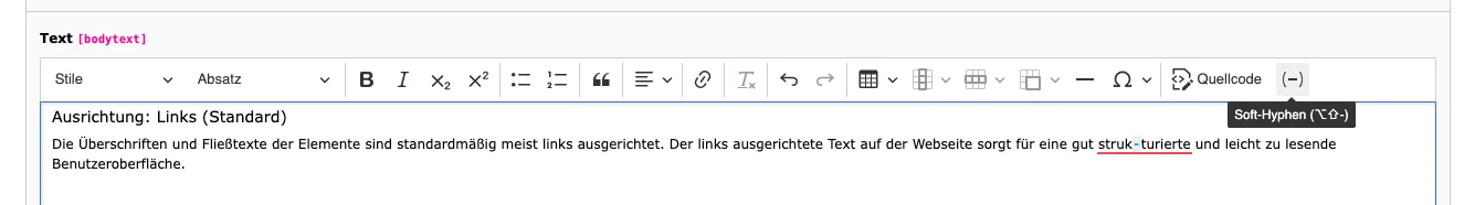 TYPO3 CKEditor Rich Text Editor Bedingter Trennstrich