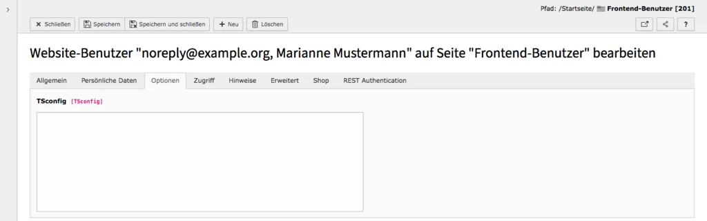 TYPO3 Modul Frontend-Benutzer bearbeiten Reiter Optionen