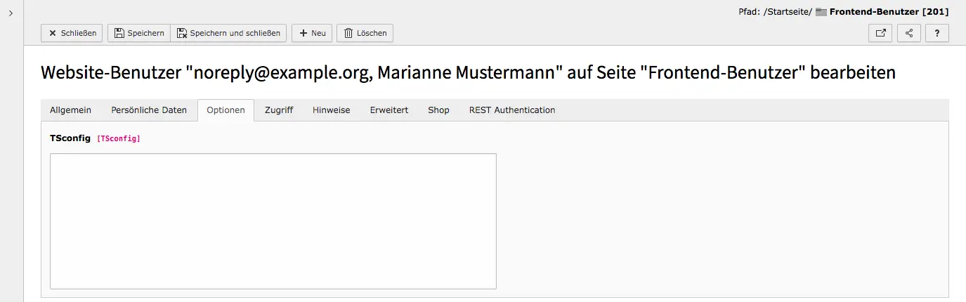 TYPO3 Modul Frontend-Benutzer bearbeiten Reiter Optionen