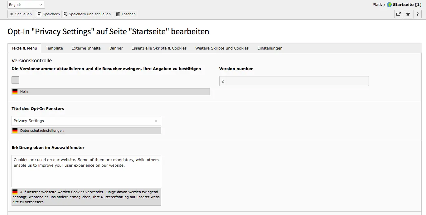TYPO3 Cookie OptIn Beispiel Einstellungen für Englische Seite