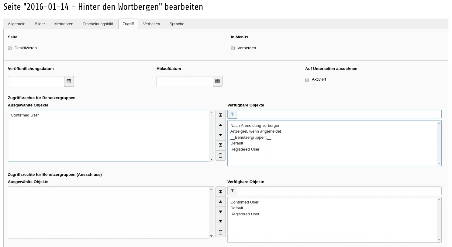 TYPO3 Seiteneigenschaften Reiter Zugriff
